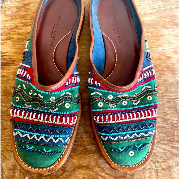 RALPH LAUREN COLLECTION Unique Colorful Beaded Soft Suede Mule Flats 37.5B ITALY - Picture 5 of 12